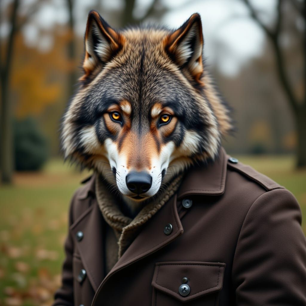 A theriocephalic man with wolf head in the park <lora:Theriocephaly:1.0>