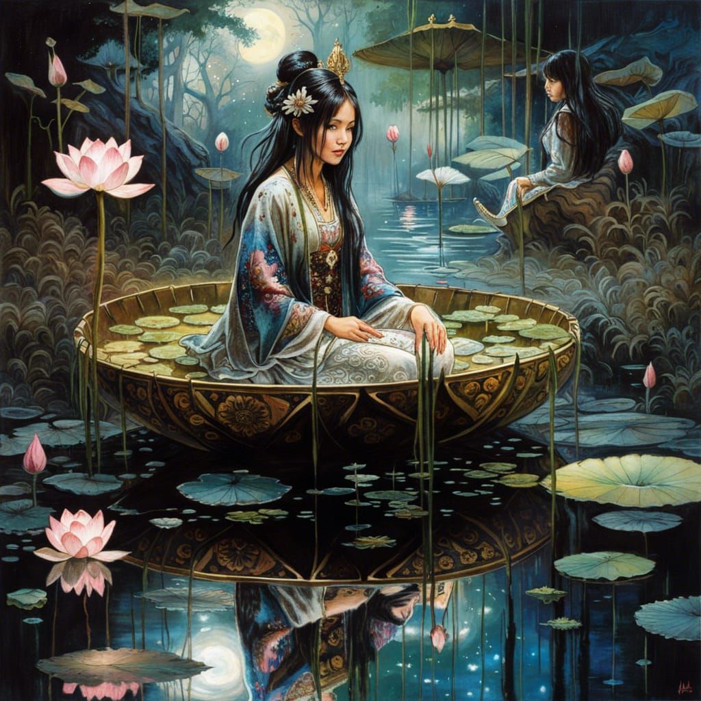 Ornate Japanese Princess in Glowing Forest Pond Reflection