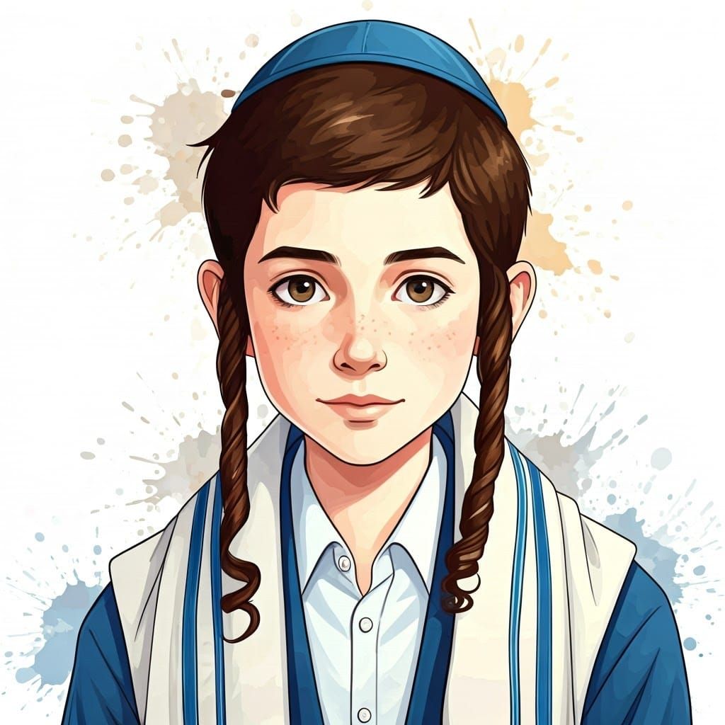 Anime-Style Portrait of Orthodox Jewish Boy with Calligraphy