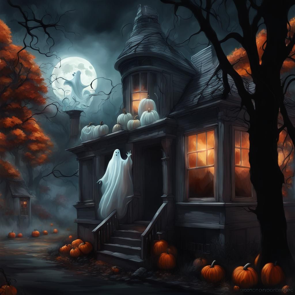 Adorable transparent ghost, smoke, glow dripping, surrounded by pumpkins garden" Breathtaking Fantasycore ...  by @Ray