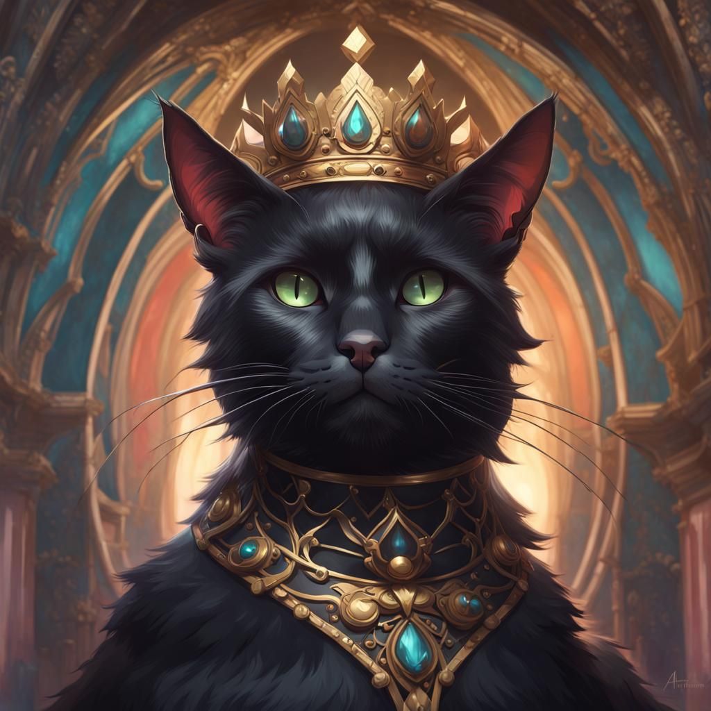 A black cat wearing a crown 