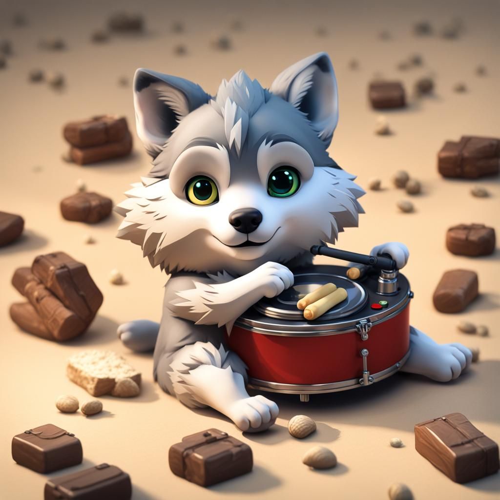Chibi Wolf Drummer: A Hyperrealistic Digital Art Piece
