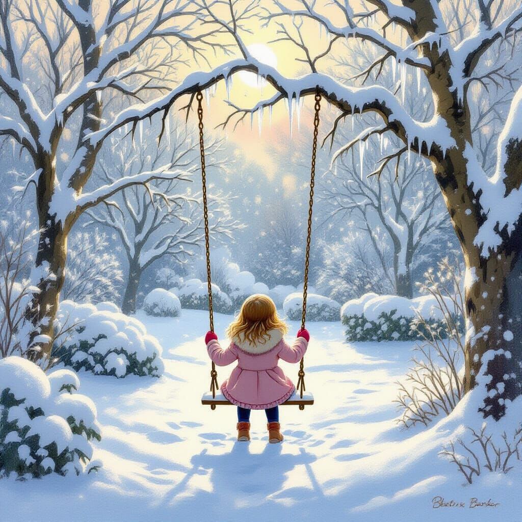 Little Girl on Swing in Snowy Winter Garden
