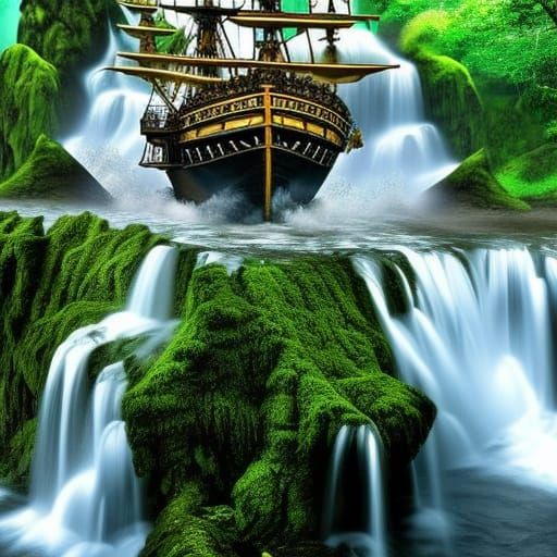 Pirate Ship at the top of a waterfall
