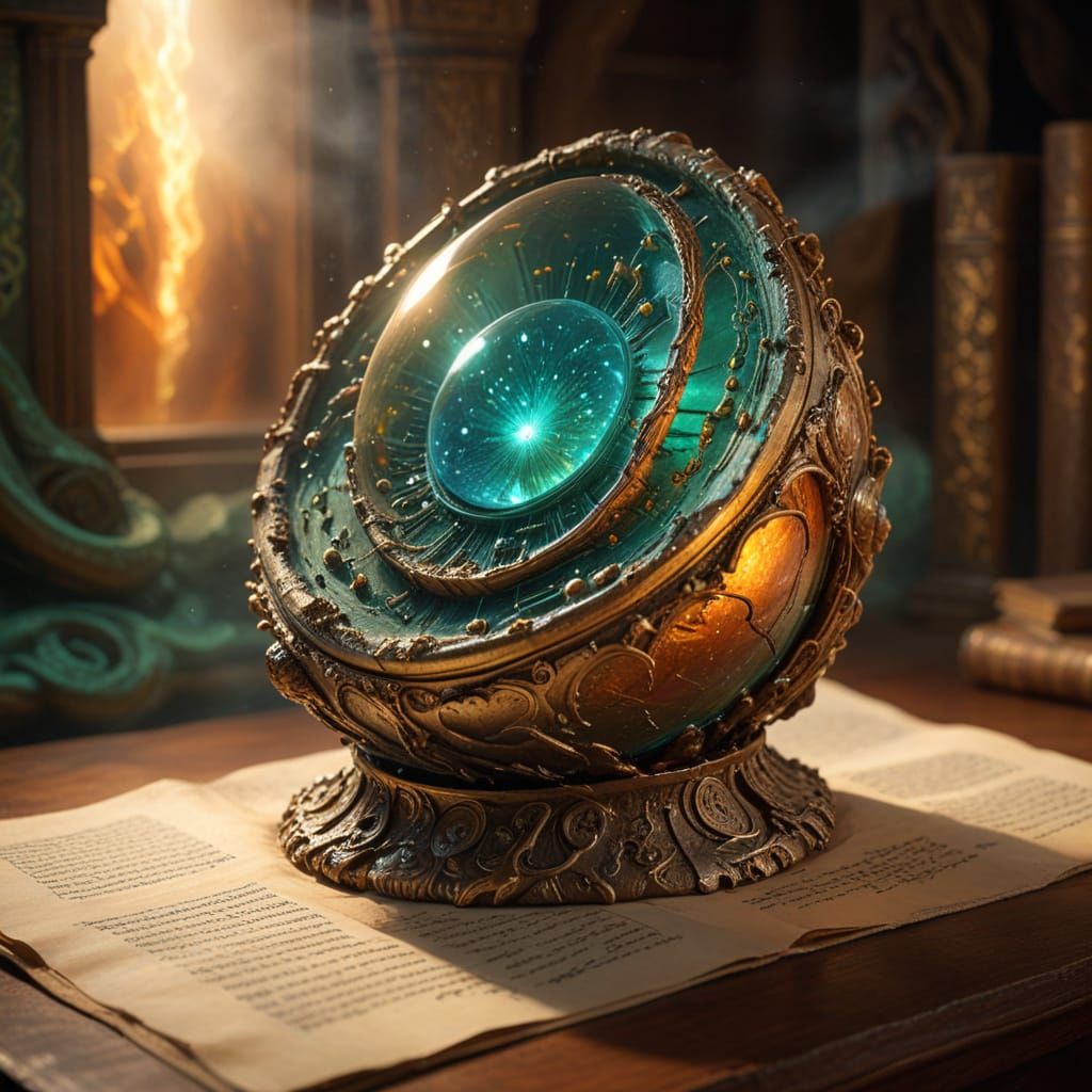  Science fantasy concept art. Medium shot. Ancient, mysterious object exhibited in a dusty museum, surrounded by richly illuminated parchmen...