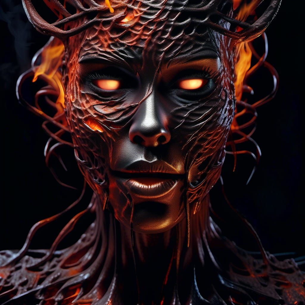 A renowned celebrity, expression contorted in anguished fury, face engulfed by writhing flames licking at furrowed brows and clenched jaw. S...