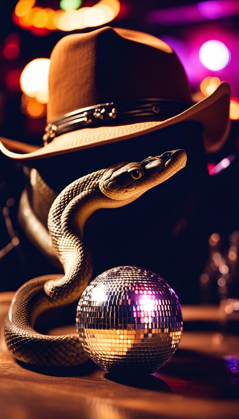 Snake wearing cowboy hat in a club with a disco ball
