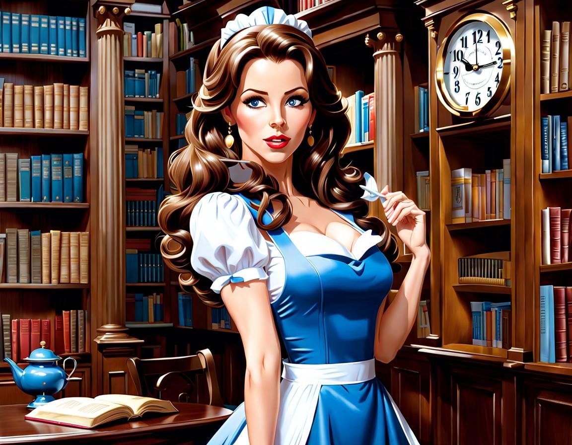 Full body, beautiful pinup woman, brown hair and big blue ey...