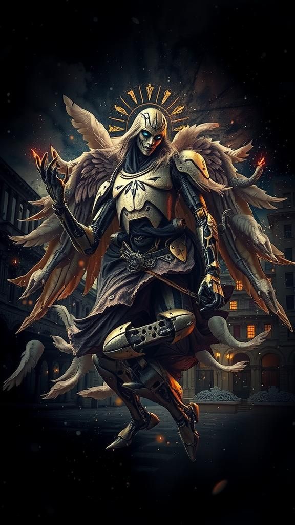 a angel mixed with random elements,dark colors,poor light, r...