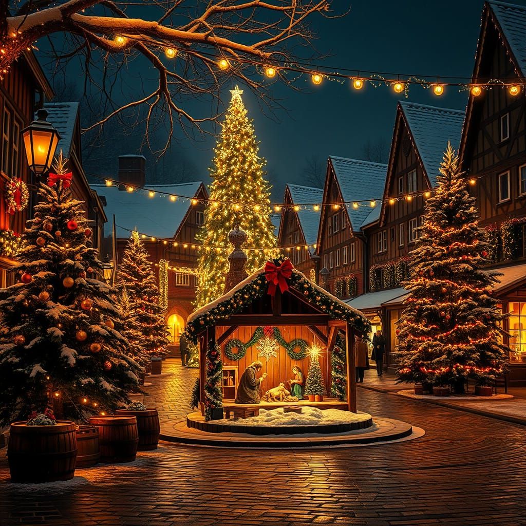 Cheers to the season, with a Creche, at night, in a heavily decorated, small Christmas village town square ...  by @Hereami