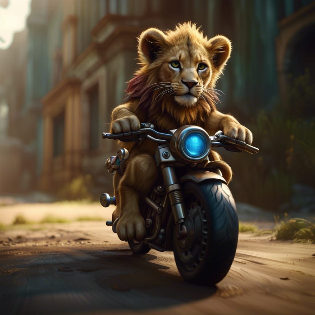 Lion cub riding a motorcycle 