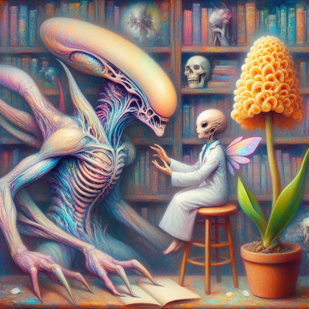 Alien, fairy and morel orchid in library