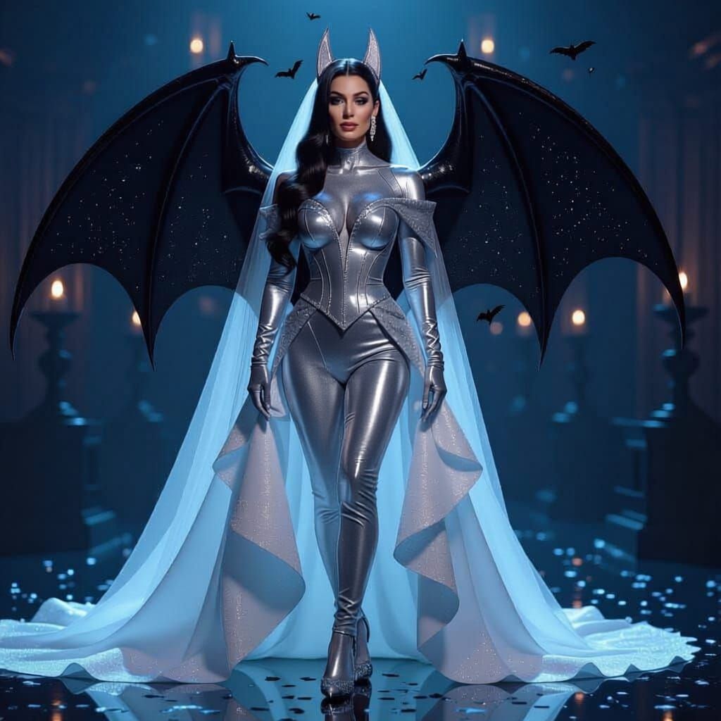Cher as batlady getting ready to wed batman
she wears a completely top to toe skin tight irriedecsent white bat suit . printed with tine bla...