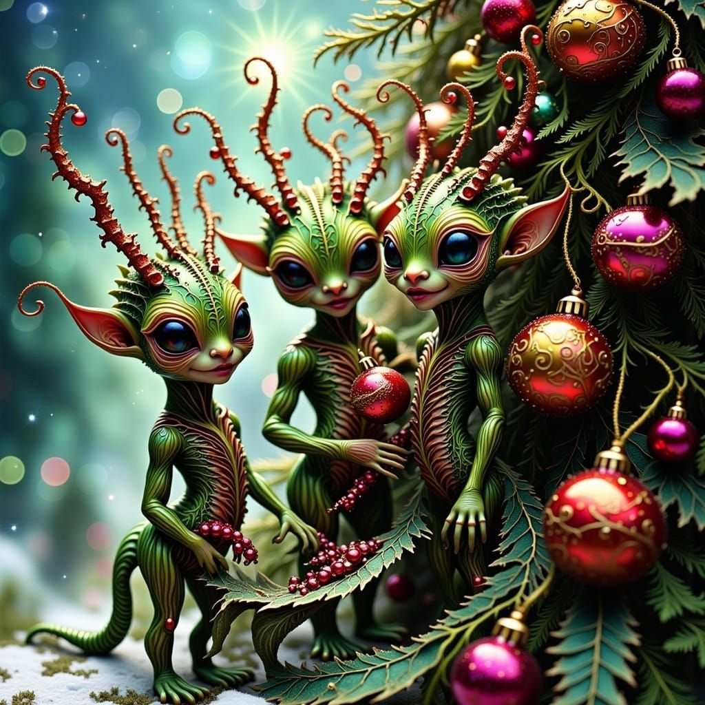 <lora:Intricacy Vibe:1.0> EXQUISITELY BEAUTIFUL DECORATING A CHRISTMAS TREE GLOWING CHRISTMAS HOLLY BELLS DEAMONS ELVEN HUGE POINTY EARS RED...