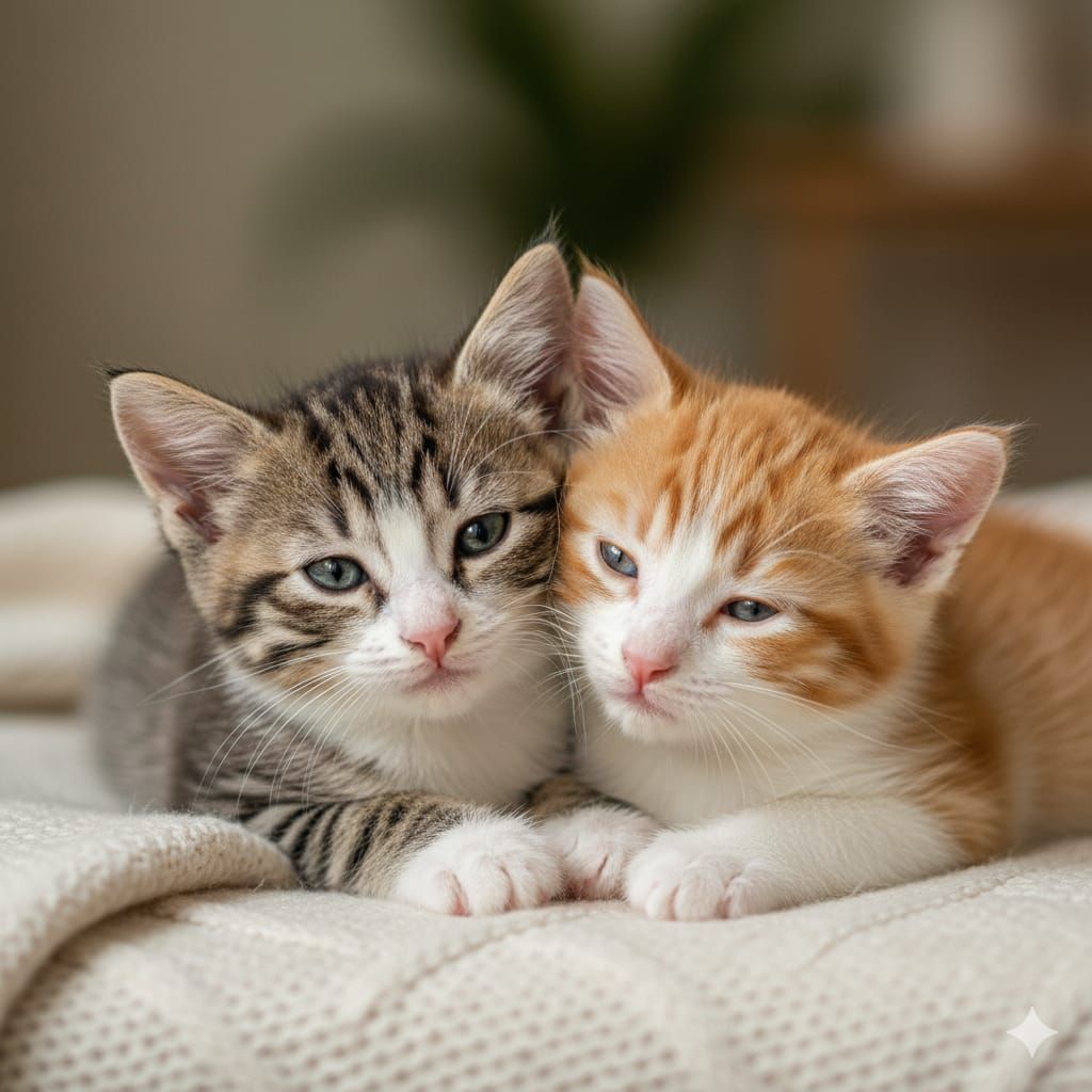 Two Adorable Calico Kittens Snuggled Together in a Realistic...