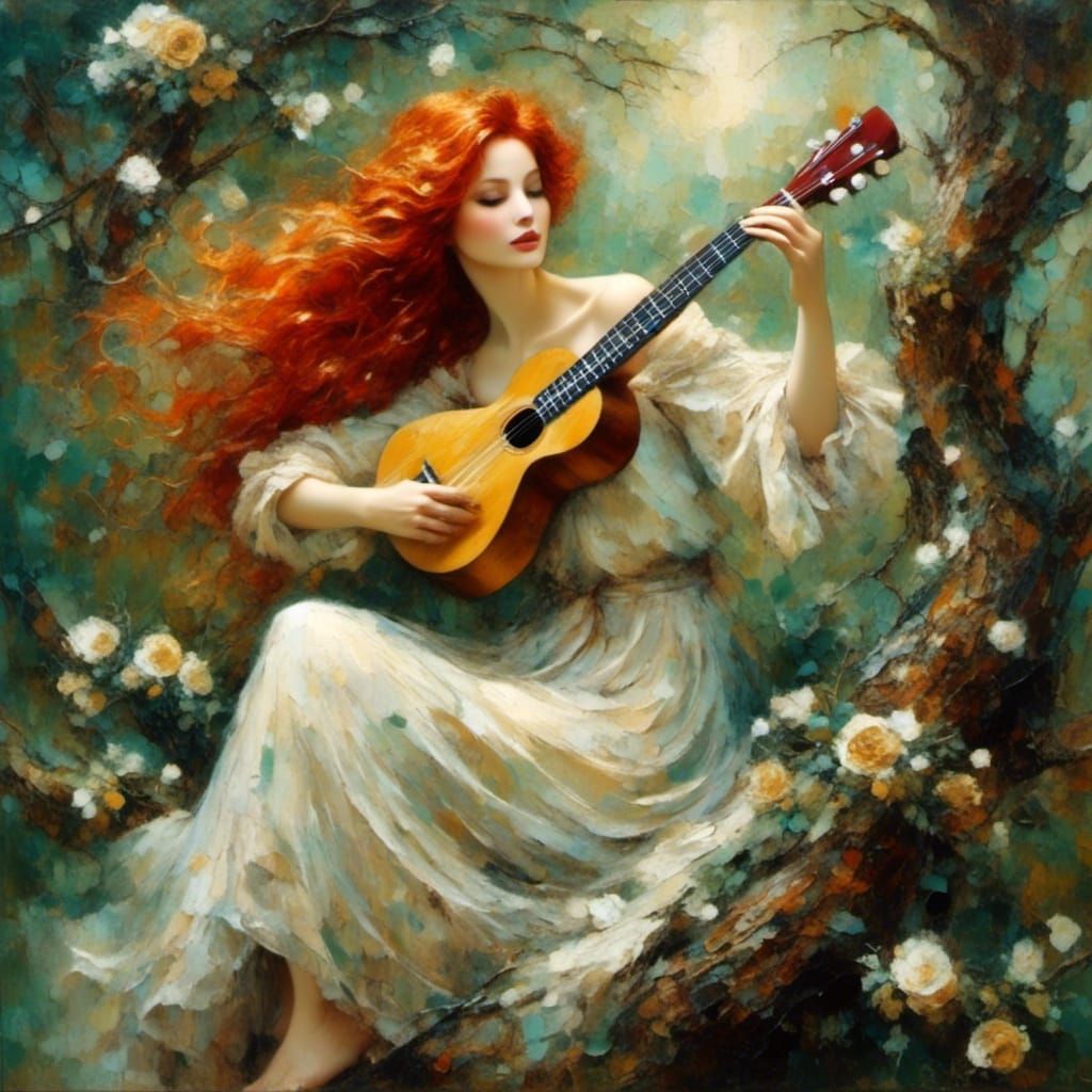 <lora:Oil Painting Style:1.0> A beautiful woman playing the ukulele