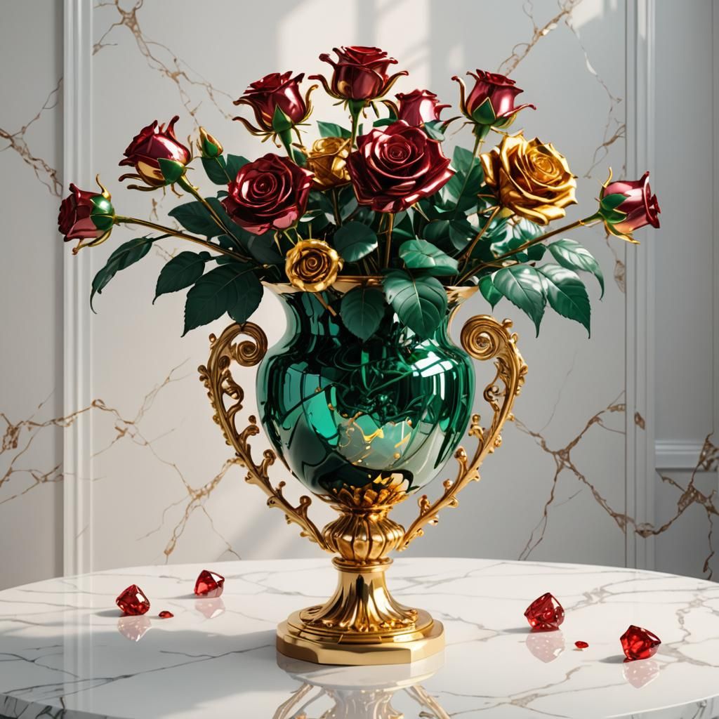 Golden Rose in Emerald Vase: Hyperrealistic Art