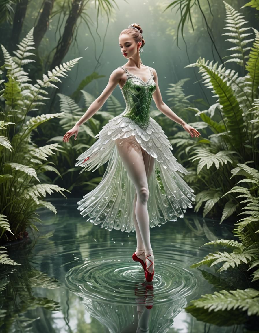 Glass Ballerina Dancing on Water in Hyperrealism Style
