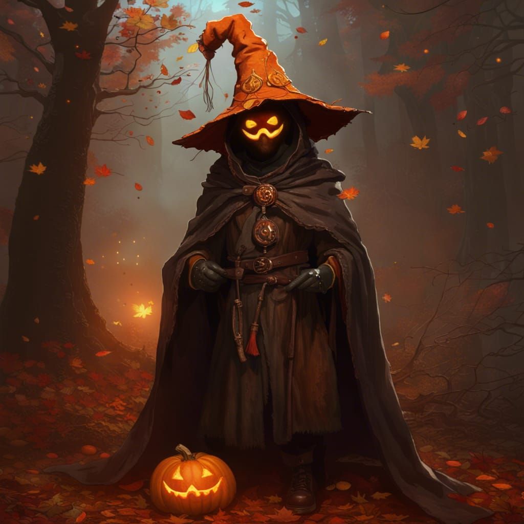 Druid, autumn, cloak without hood covered in orange red and yellow