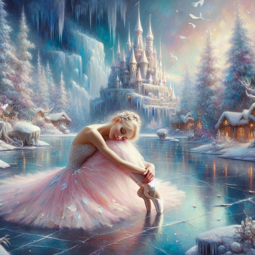 Make her stand up and ballet dancers on the ice and twirl . Make the sky sparkle with silver stardust