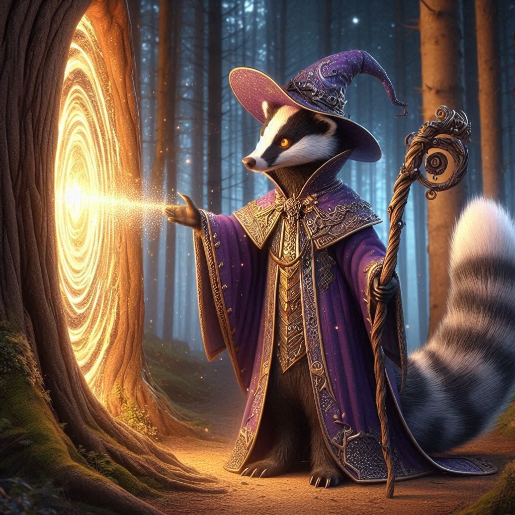 Magical Badger Wizard makes a portal in a tree