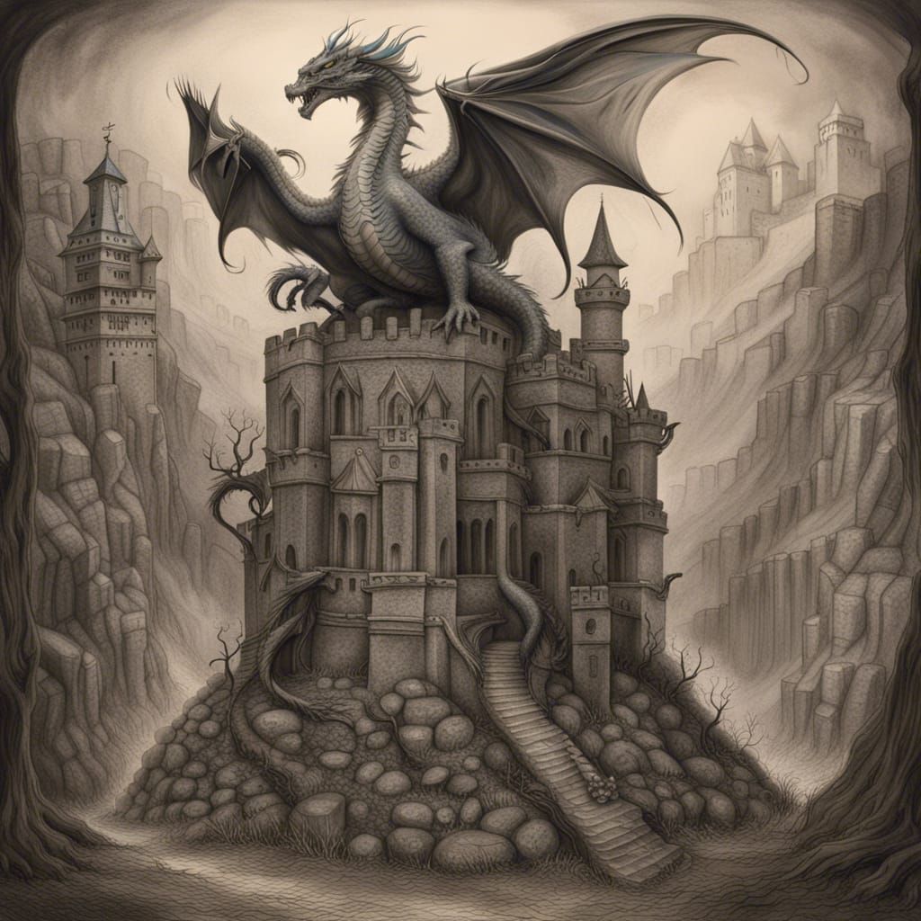 Dragon perched on top of a castle pillar