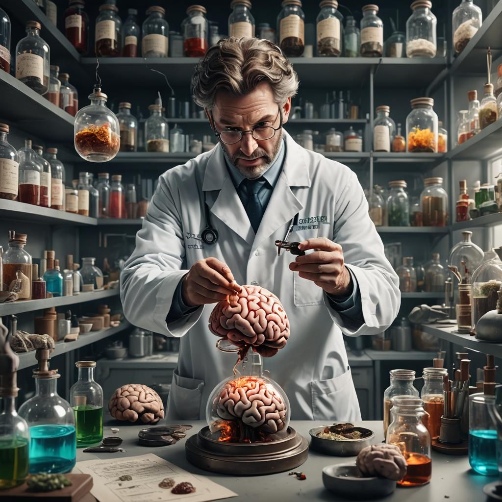 scientist , in dirty white coat, in lab, holding a brain in a jar AI