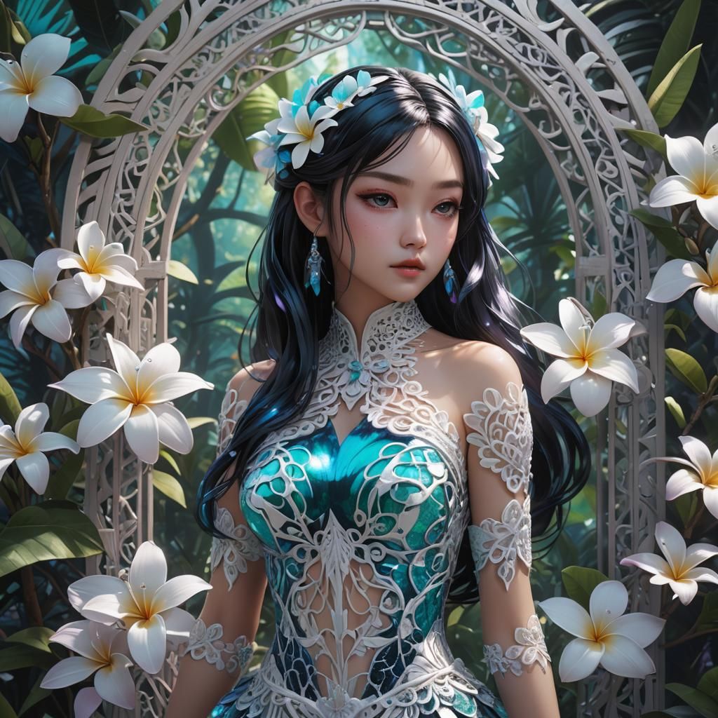 Iridescent white Filigree jungle portal blue teal black purp...