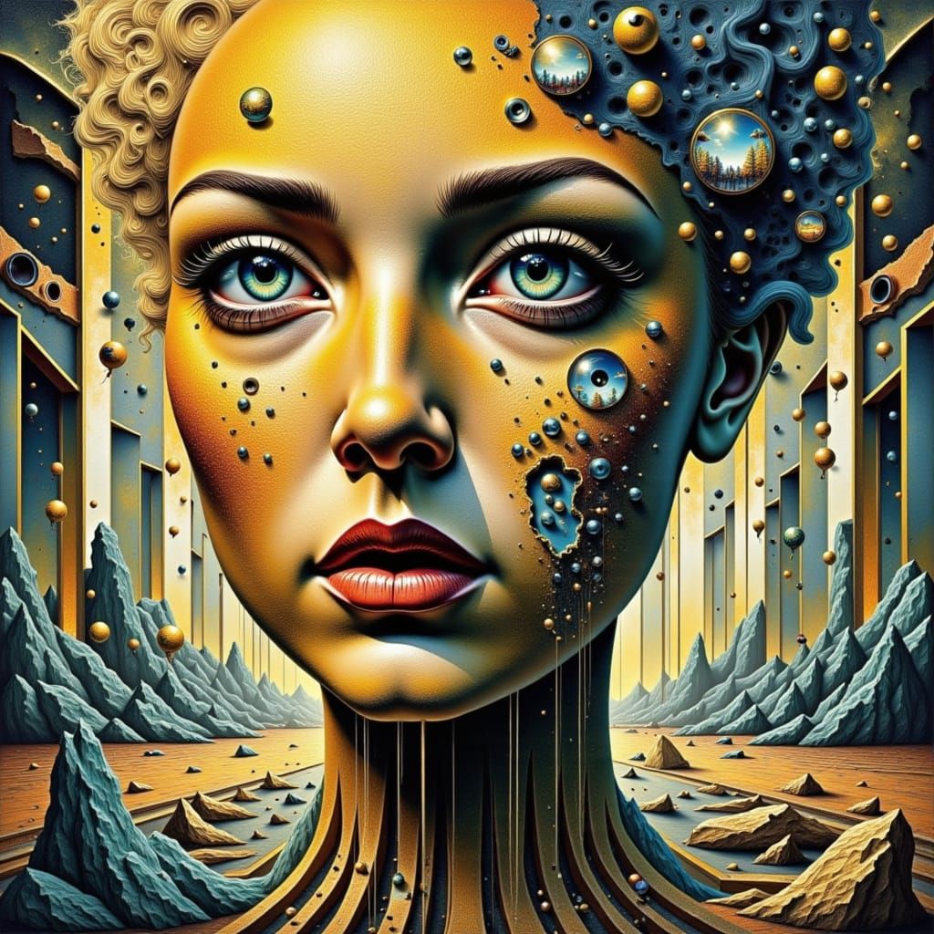 Surrealistic portrait of The Mother Goddess of All Creation being driven mad within grief over its creations and torn to tatters by nihilist...