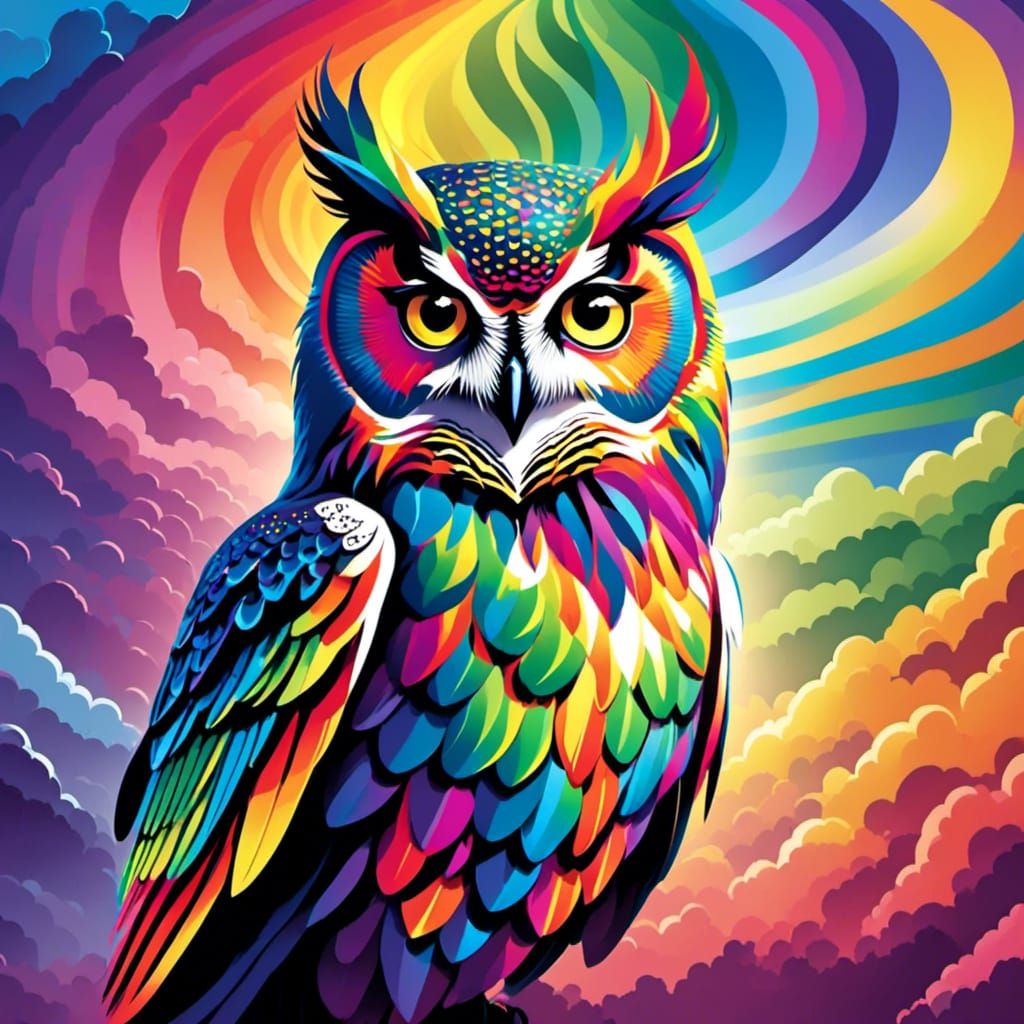 <lora:The Rainbow Game:1.0> ((Hyperrealistic:1.5)) A beautiful mythical rainbow owl