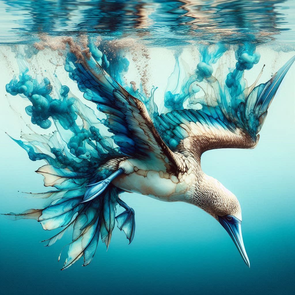 Diving blue-footed booby, alcohol ink