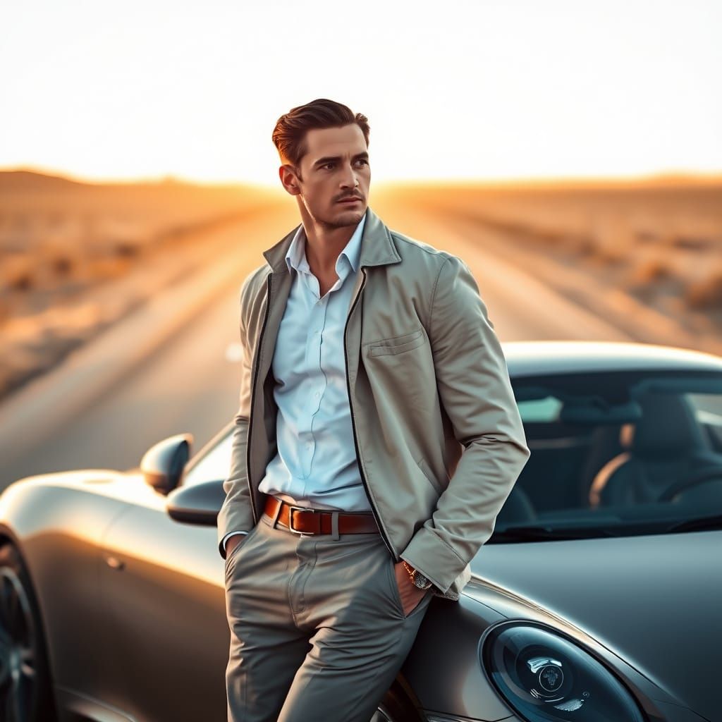 Elegant Man with Luxury Car at Sunset