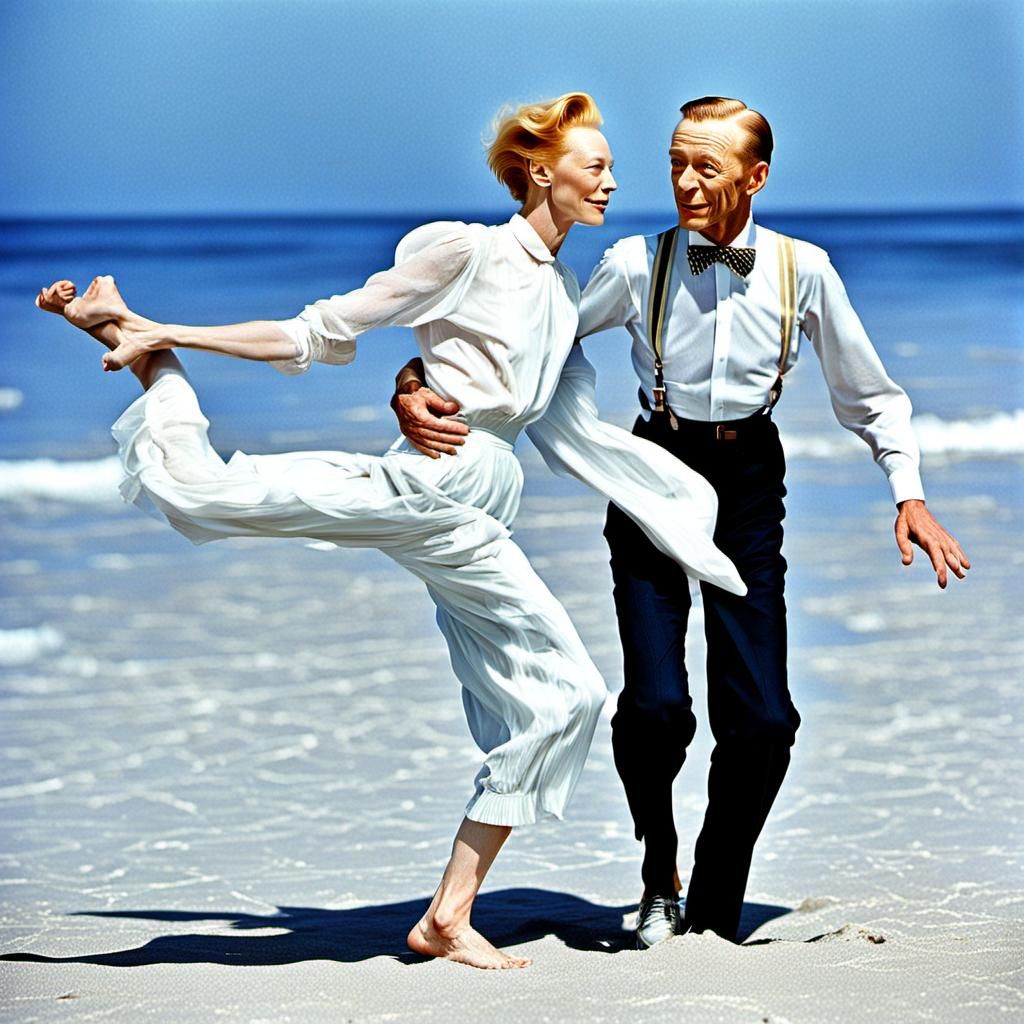 Tilda Swinton and Fred Astaire on the beach.
