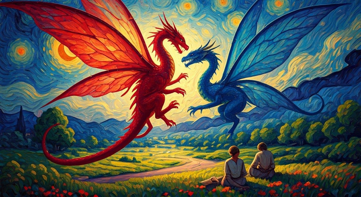 In Van Gogh's painting "Afternoon Rest of the Peasants" against the background of the sky is a fight between a red fairy dragon and a blue f...