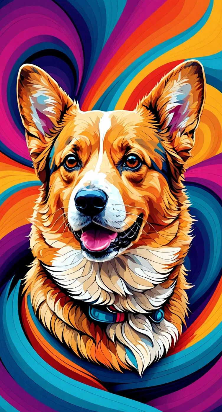 Visualy stunnig abstract art with vibrant colors. Dog themed using a corgi