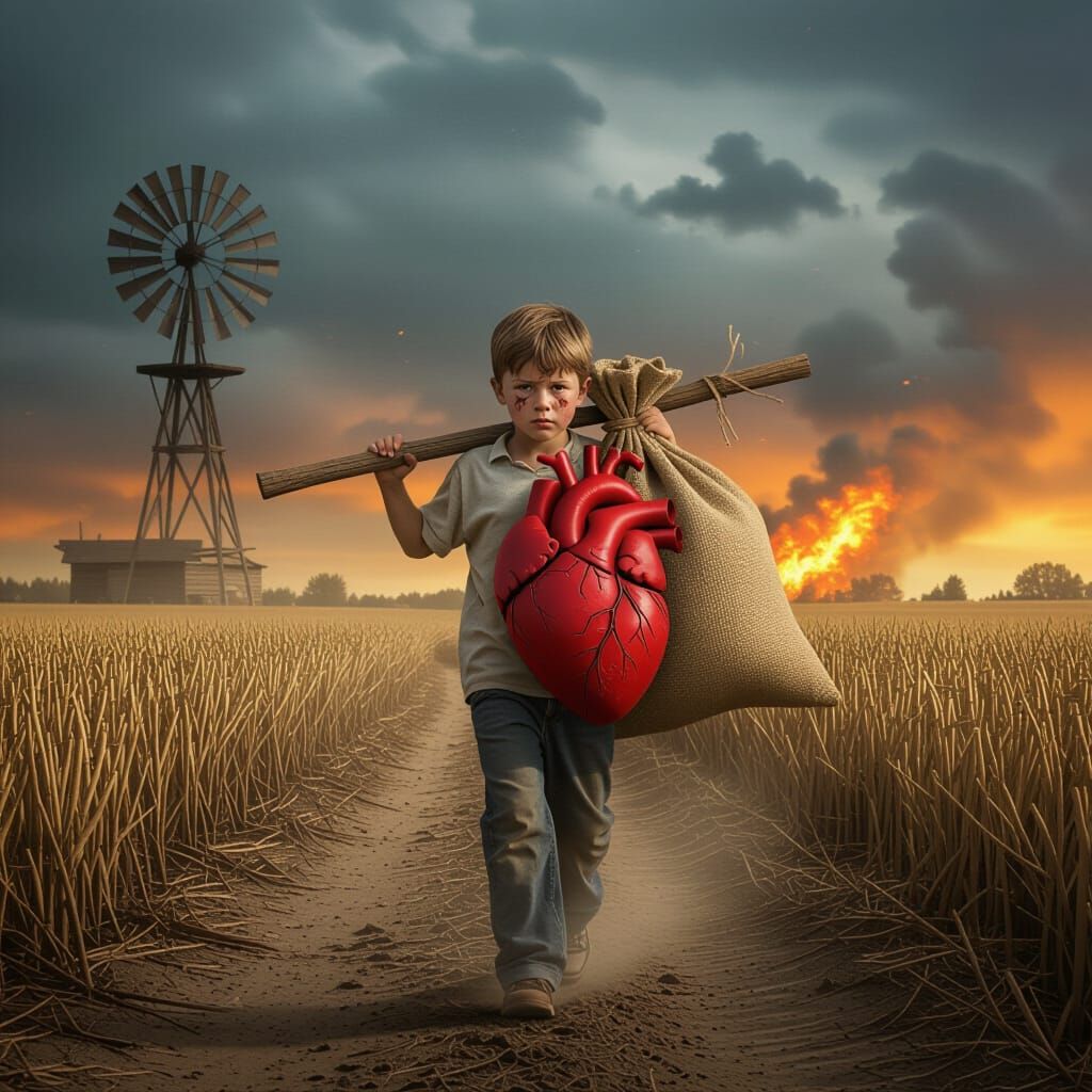 Boy Carries Broken Heart Through Scorched Field