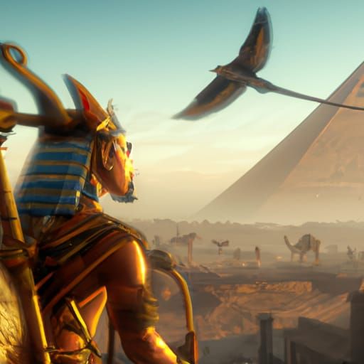 Pharaoh rides a golden dragon flies over the pyramids Cinema...
