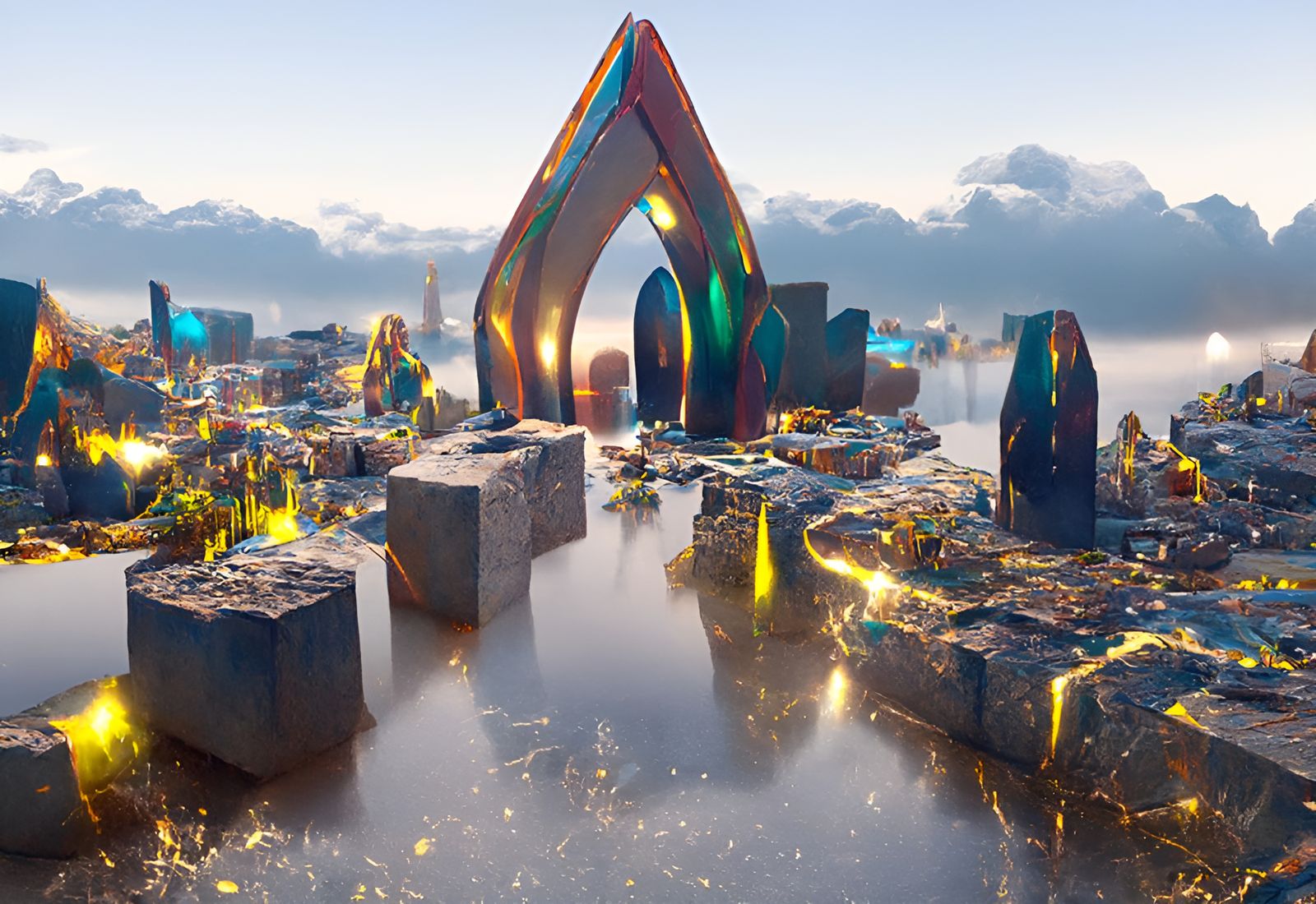Monument of Destruction in reflective lake
