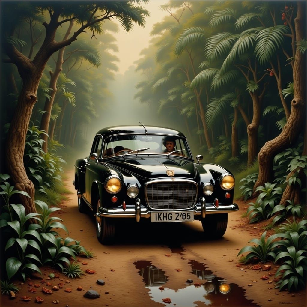 <lora:Roman Oils Flux:1.0>  A Jaguar (the car) in the jungle