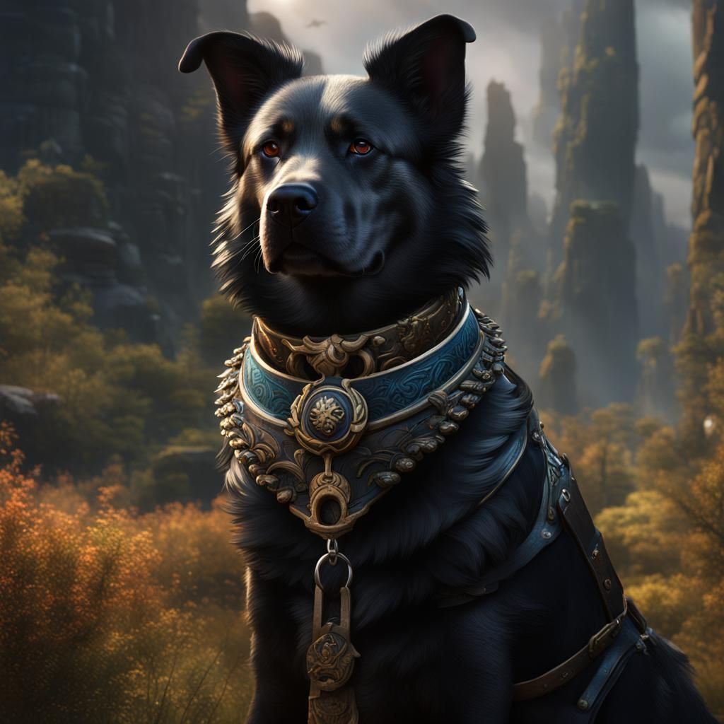 "Create a lifelike image of a medium-sized black mongrel dog...