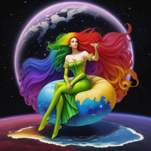 a beautiful woman with long colorful hair sits happily on a ...