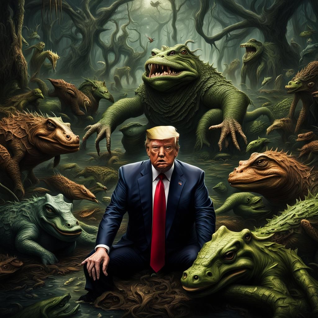 Donald Trump surrounded by swamp creatures