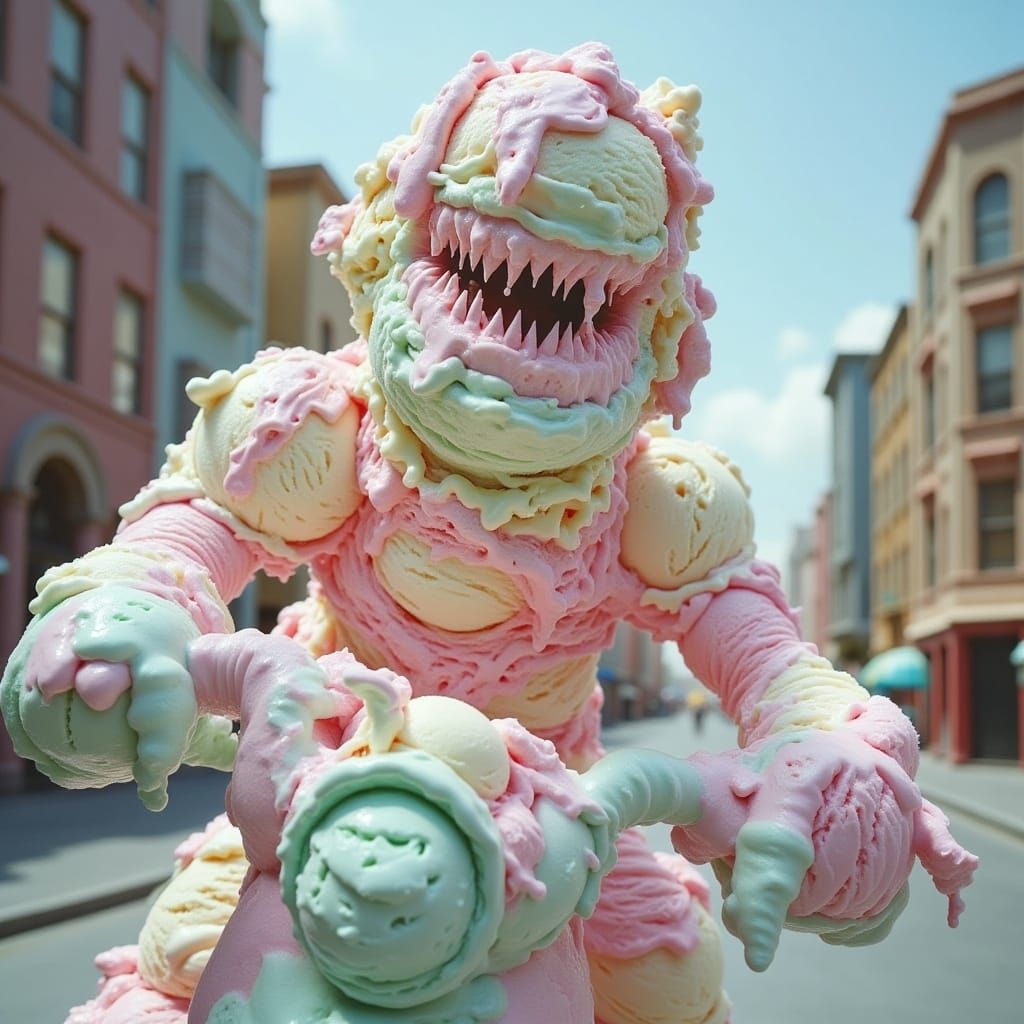  <lora:Ice Cream Flux:1.0> A man made of ice cream riding on a motorcycle 