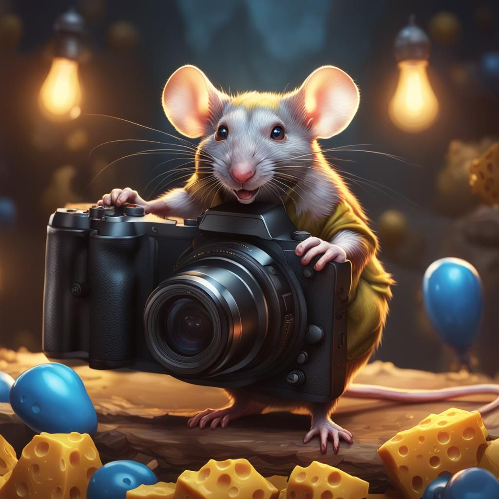 a little mice taking a picture saying  cheese !
