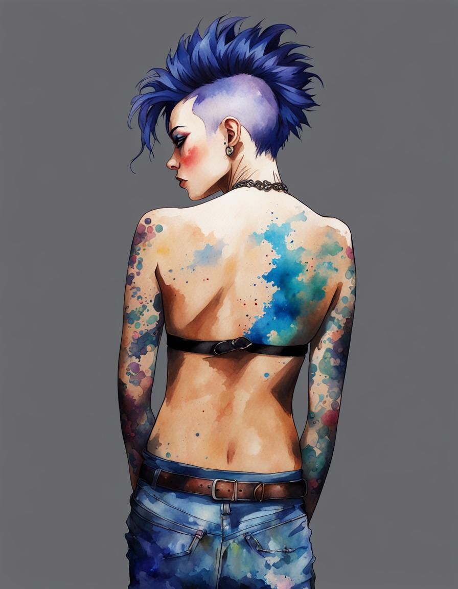 portrait blurple hair girl tattoos mohawk fauxhawk watercolo...