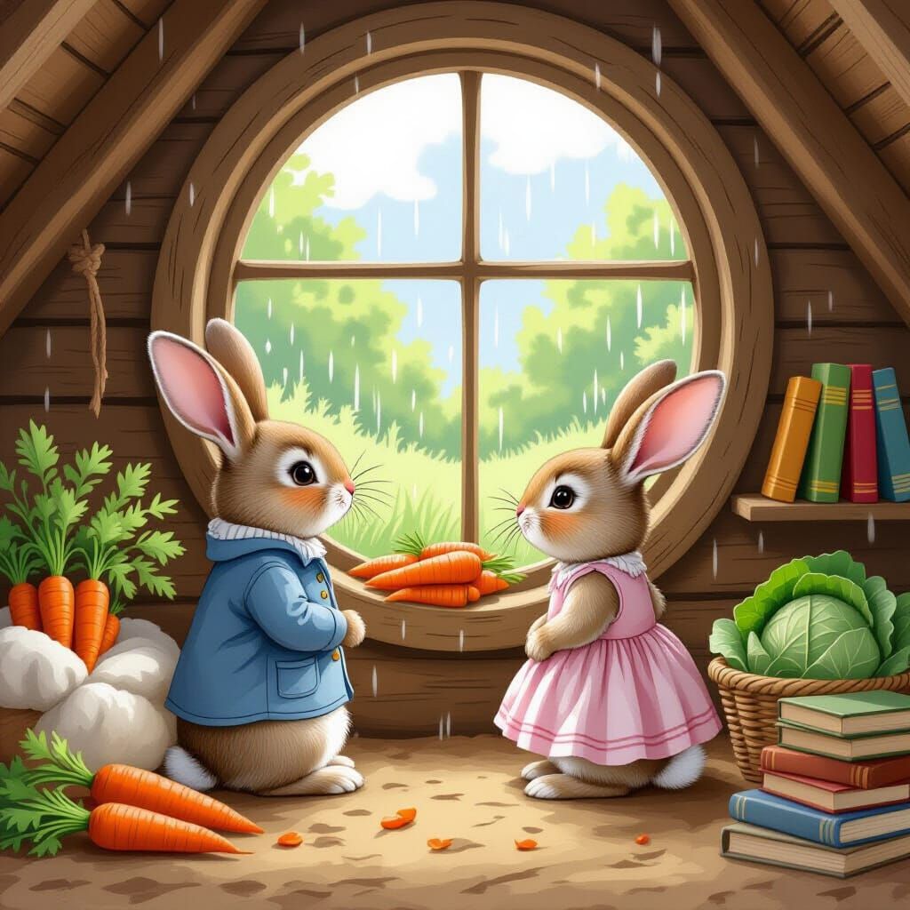 Beatrix Potter inspired scene of Rainy Night for Rabbits