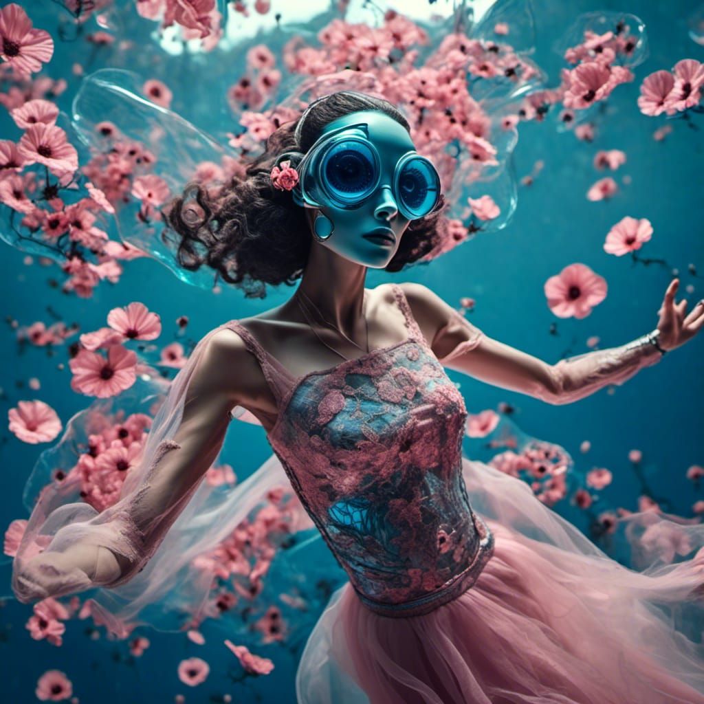 transparent woman flying in the air big black eyes showing universe wearing transparent dress flowers underneath pink skin color with neon b...