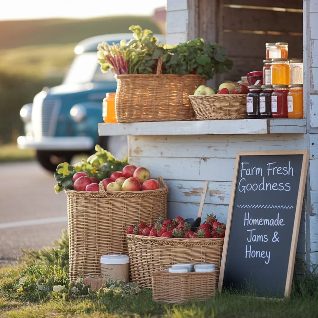 Build a scene centered around fresh goods and roadside charm. 🛻🍎 Think seasonal produce, handmade signs, ...  by @Babasik