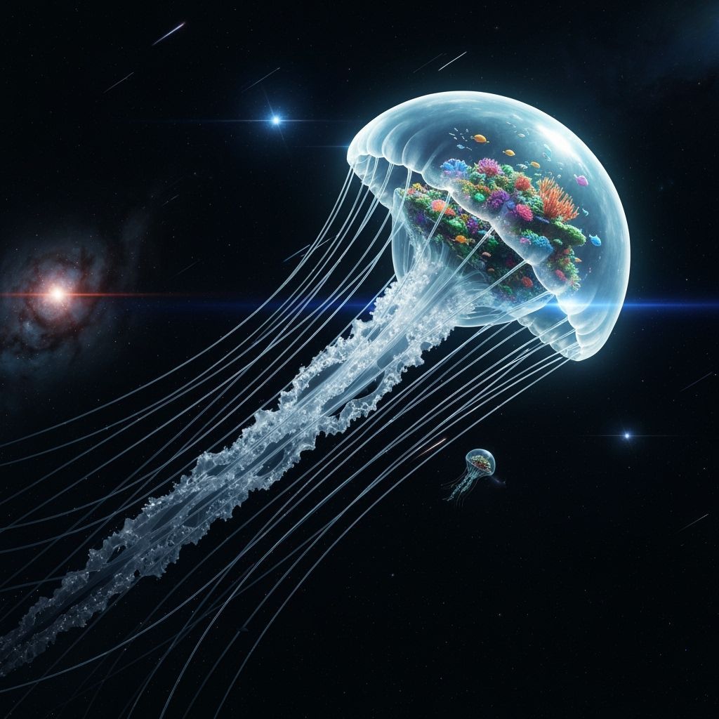 A colossal, crystalline jellyfish drifts through the inky blackness of deep space, its tendrils leaving ...  by @undefined