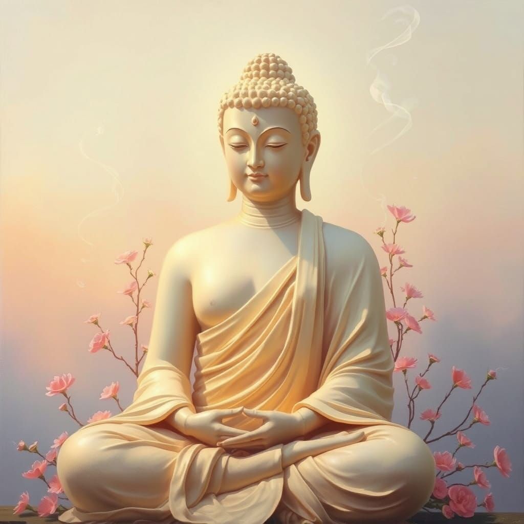 Ethereal Buddha in Serene Repose, Amidst Delicate Flower Gar...